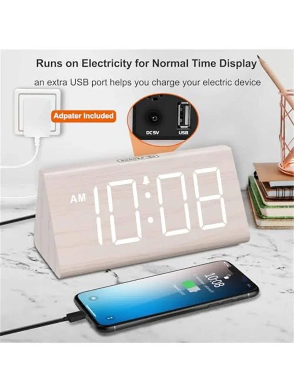 Wooden Digital Alarm Clock for Bedrooms with Large Numbers